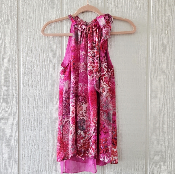 Elie Tahari 100% Silk Floral Layered Split Back Halter Neck Sleeveless Pink XS - Picture 1 of 11